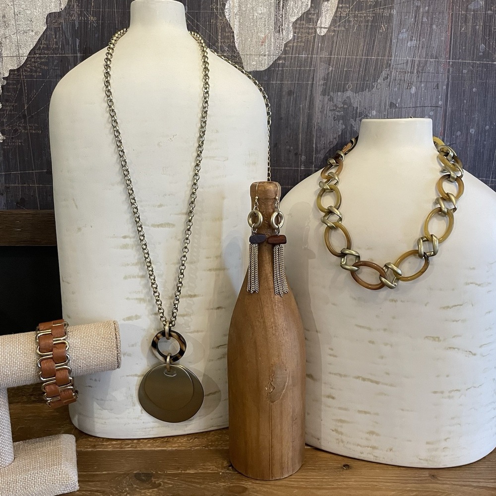 4 pc CHICO'S TALBOTS Faux Tortoise Shell Necklace Leather Bracelet Earrings Lot